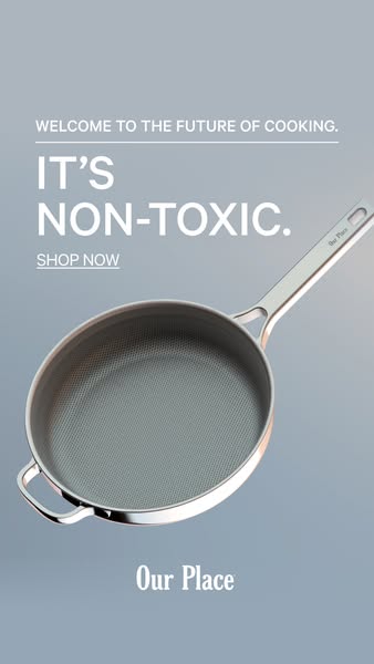 This Our Place ad features one of their non-toxic frying pans in a vertically oriented image. The pan is shown floating 