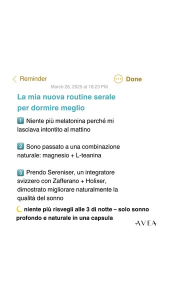 This ad features a screenshot of a note detailing a sleep routine that includes the Sereniser supplement. The note highl