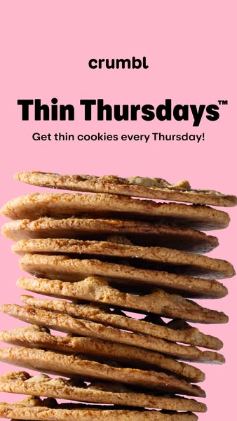 This ad for Crumbl Cookies promotes their 'Thin Thursdays' offering, featuring a stack of thin cookies against a