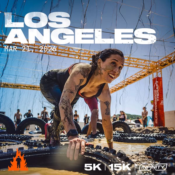 This image ad promotes the Los Angeles 5K and 15K Infinity obstacle course race on March 21, 2026. It features a woman s