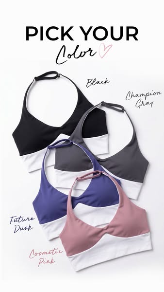 This image ad showcases a brand’s range of sports bra colors. The ad encourages viewers to ‘Pick Your Color’ and highlig