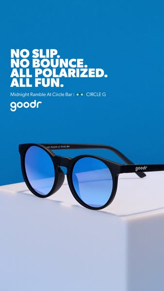 This image ad for Goodr sunglasses highlights the functional benefits of the sunglasses with the text: “NO SLIP. NO BOUN