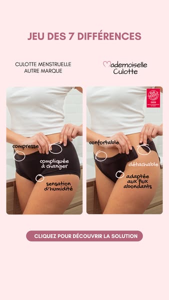 This image ad uses a 'spot the difference' game to highlight the key advantages of Mademoiselle Culotte menstrua