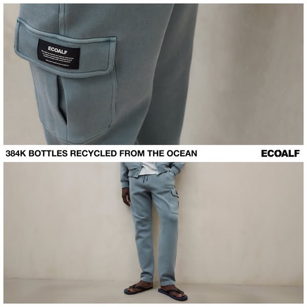 This ad showcases Ecoalf's commitment to sustainability by highlighting that 384,000 bottles were recycled from the 