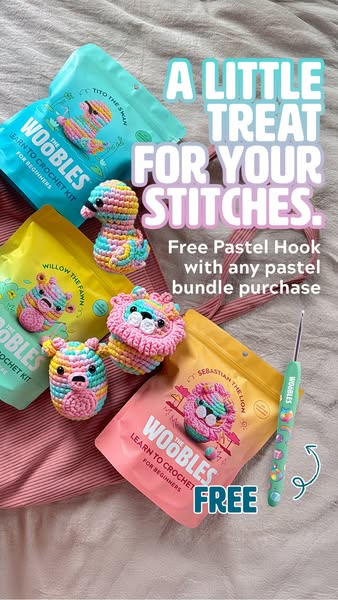 This ad promotes The Woobles, featuring a flatlay of four crocheted characters, each paired with its corresponding croch