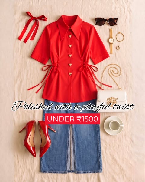 This image ad showcases a red top with gold heart-shaped buttons, paired with a light blue denim skirt, red heels, and o