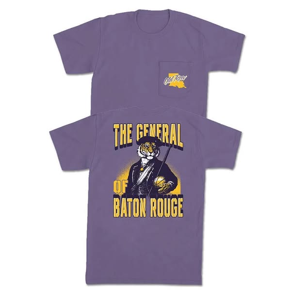 This ad features two purple t-shirts, one with a pocket and a college logo on the front, and the other with a larger gra
