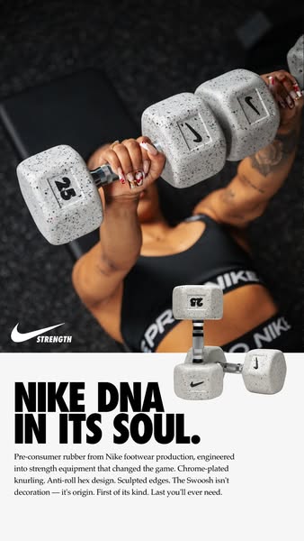 This ad showcases Nike's dumbbells, emphasizing their unique pre-consumer recycled rubber material from Nike footwea