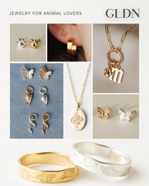 This ad showcases a selection of jewelry from GLDN that features nature-inspired designs. The jewelry incorporates vario