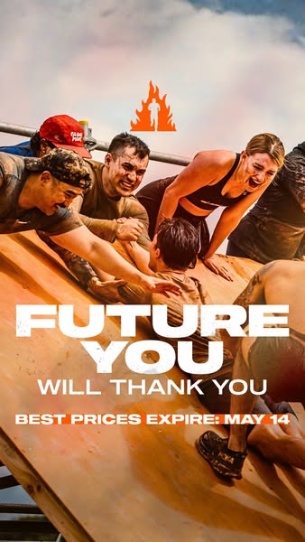 An ad for Tough Mudder obstacle course racing presents a group of muddy participants helping one another over a barrier,