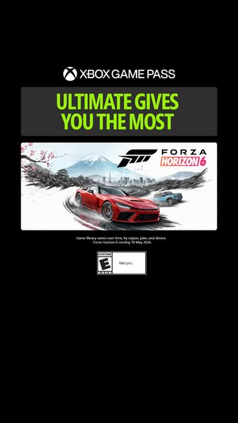 This ad promotes Xbox Game Pass Ultimate with the new Forza Horizon 6 game. The ad features the game's logo and a la