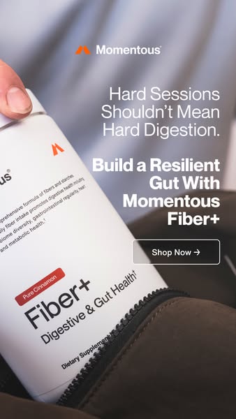 Ad for Momentous Fiber+ digestive supplement. It features the bottle of fiber supplement in a brown bag with the text, &