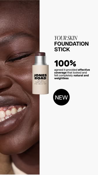 A close-up image of a woman's face beside an image of Jones Road's "Your Skin Foundation Stick" in a l