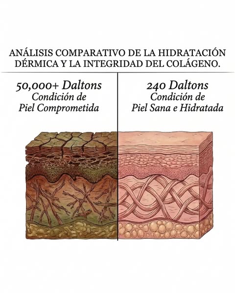 The ad is a side-by-side comparison of skin at 50,000+ Daltons and 240 Daltons with the intention of showing the viewer 