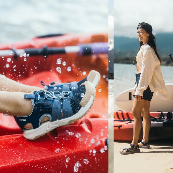 This ad uses a split screen to showcase the Teva sandals in two different settings: kayaking and walking along the beach