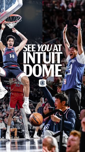 This ad shows the players and fans of the LA Clippers and promotes seeing them at the Intuit Dome.