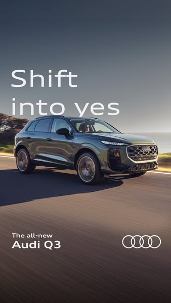 This ad features the Audi Q3. The image shows a car driving on a road next to the ocean with a tagline encouraging the v