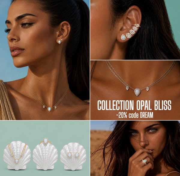 This ad for Collection Opal Bliss uses a collage of close up shots of a woman modeling different pieces of jewelry from 