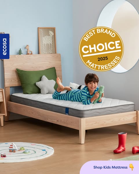 This ad features a young boy lying on an Ecosa kids mattress, highlighting that it has won an award.