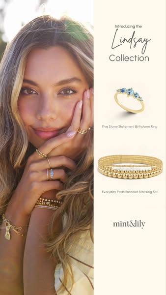 This ad showcases jewelry from the Lindsay collection by Mint & Lily. The ad features a blonde woman wearing the jew