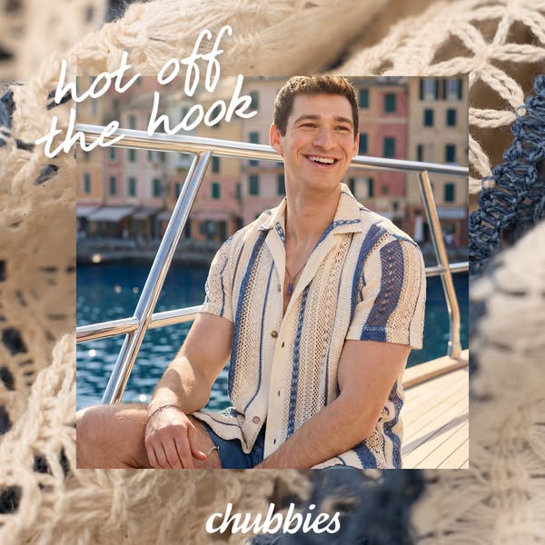 This image ad for Chubbies clothing features a man wearing a knitted polo on a boat in an idyllic location. The ad uses 