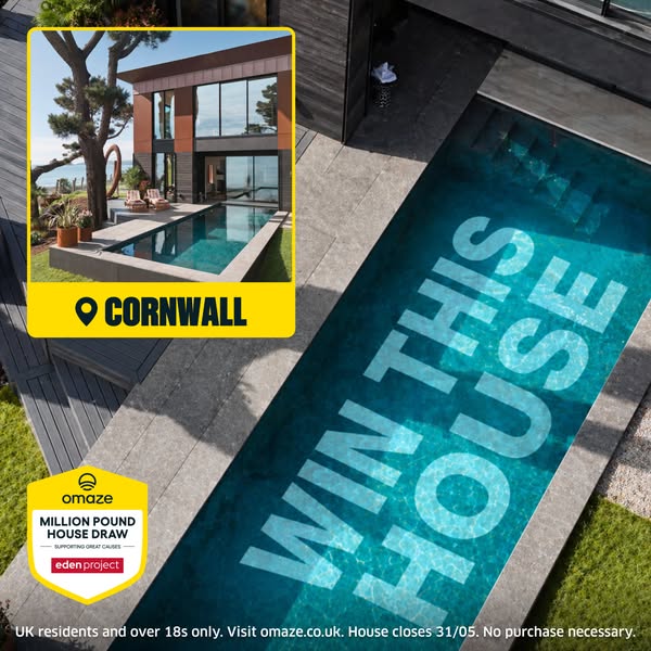 The ad features a modern house with a pool and promotes a contest to win the house. The ad is targeted toward UK residen