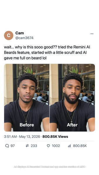 This ad features a tweet from a user named Cam about their experience with the Remini AI Beards feature. The tweet is po