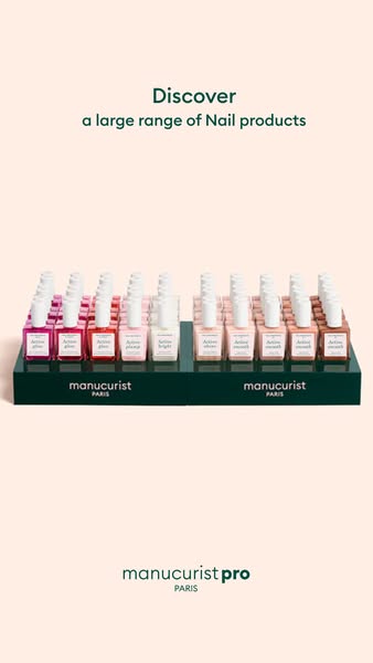 This image ad showcases Manucurist's range of nail products on a two-tiered shelf. The ad invites viewers to explore