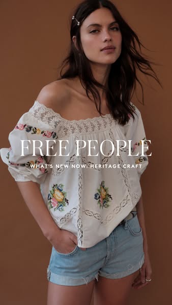This ad showcases Free People's new Heritage Craft collection, highlighting a white, off-the-shoulder top with flora