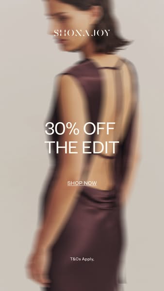 This image ad by Shona Joy promotes a 30% discount on "The Edit" collection. It features a model wearing a dre