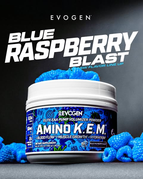 This ad is for Evogen's Elite EAA Pump Volumizer Powder in Blue Raspberry Blast flavor. The product is showcased pro