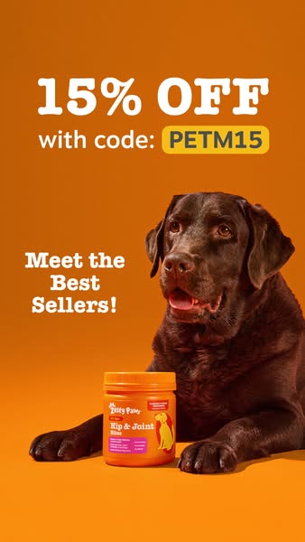 This ad features a Zesty Paws Hip & Joint supplement, presented alongside a chocolate lab. The ad promotes a 15% dis