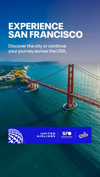This ad for United Airlines promotes travel to San Francisco. It features a photograph of the Golden Gate Bridge, with t