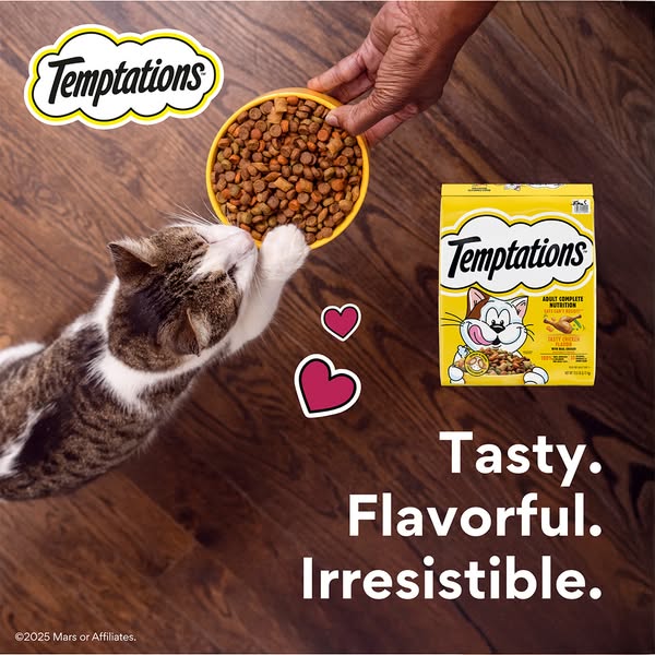 This image ad shows a cat reaching for a bowl of Temptations cat treats. The ad emphasizes the tasty, flavorful, and irr