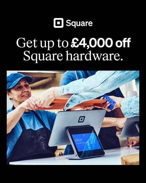 This ad for Square promotes a discount on Square hardware. The ad depicts a customer handing a credit card to a worker b