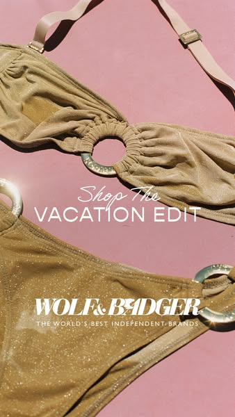 The ad features a close up shot of a gold swimsuit on top of a pink background. Text overlayed in white reads, "Sho