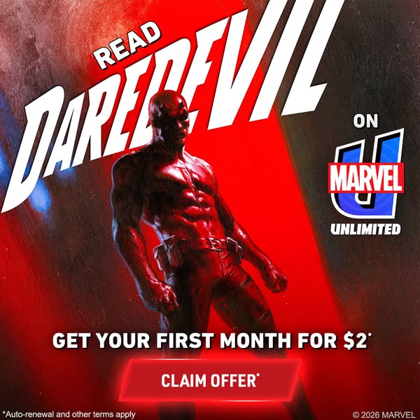 An image ad promoting Daredevil comics on Marvel Unlimited for \$2 for the first month. It shows the Daredevil character