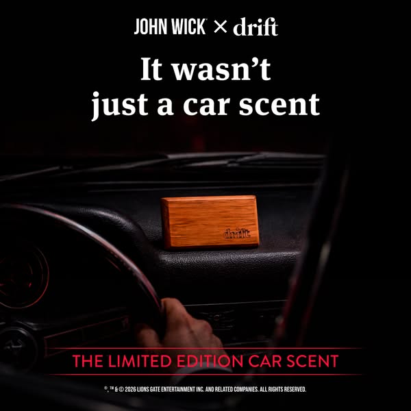 This image promotes a car scent in partnership with the John Wick movie franchise. The ad uses dramatic lighting and min
