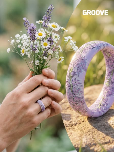 This ad showcases a Groove brand silicone ring that has a lavender flower design. The ad uses a split screen that has a 