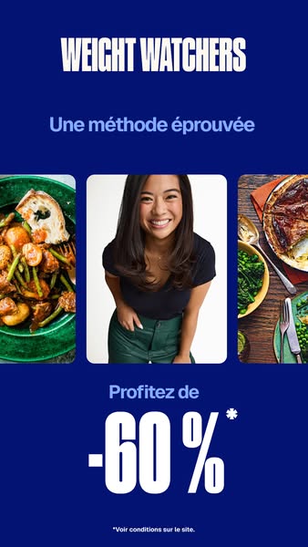 This image ad for Weight Watchers features an image of an smiling woman in between images of prepared meals. The ad prom