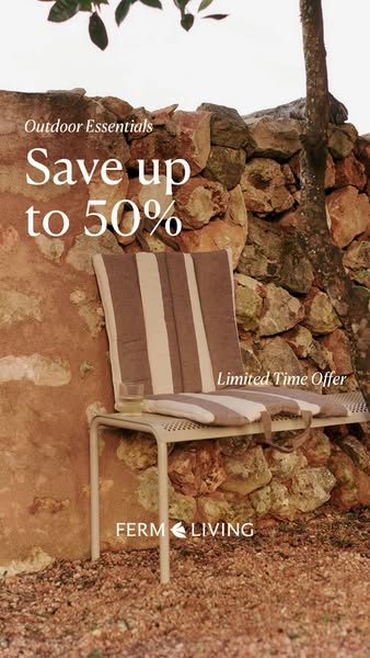 This image ad promotes Ferm Living's outdoor furniture and accessories, offering a limited-time discount of up to 50