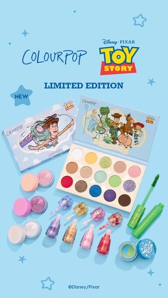 This ad showcases ColourPop's limited edition Disney Pixar Toy Story makeup collection with an image featuring the e
