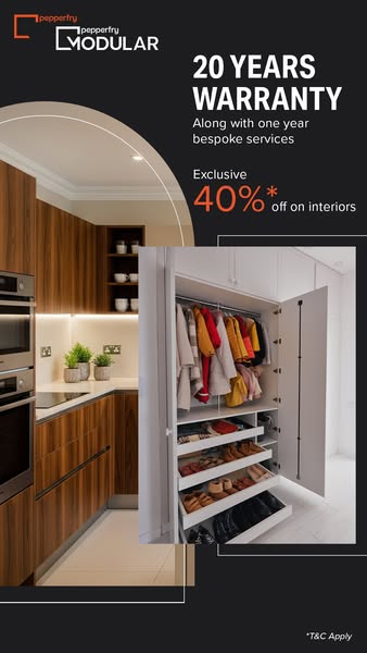 This image ad for Pepperfry Modular promotes a 20-year warranty and an exclusive 40% off on interiors.