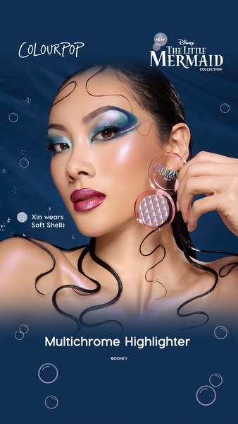 This image promotes Colourpop's Multichrome Highlighter as part of the Disney's The Little Mermaid collection. T