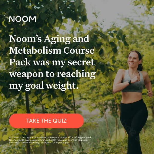 This ad features a testimonial from a Noom user who reached their goal weight using Noom's Aging and Metabolism Cour