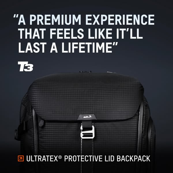This ad features a close-up shot of the ULTRATEX® Protective Lid Backpack by T3. The headline highlights the backpack