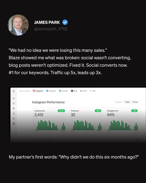 This ad uses a testimonial from James Park to show the benefits of using Blaze to improve sales, traffic, and leads.