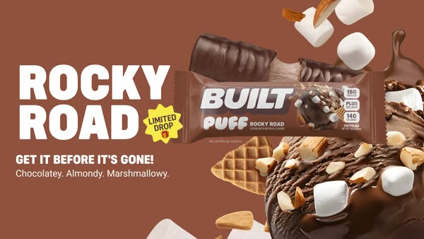 This ad promotes Built Puff Rocky Road protein bars. It uses a limited-time offer to create urgency and encourage viewer