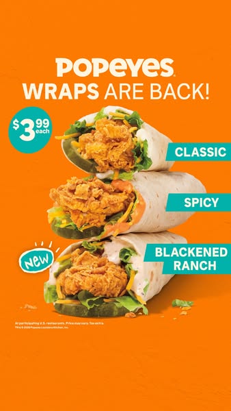 This image ad for Popeyes promotes the return of their wraps, which come in three varieties: Classic, Spicy, and Blacken