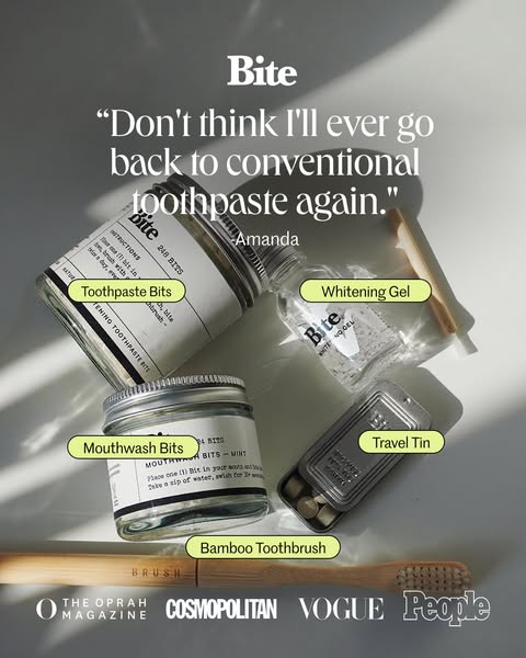 This image ad features Bite brand oral hygiene products in the center of the shot. A quote sits at the top of the ad, an